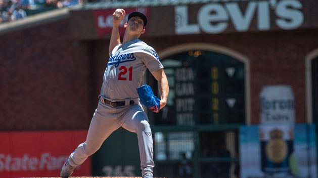 Jun 9, 2019; San Francisco, CA, USA; Los Angeles Dodgers starting pitcher Walker Buehler (21) throws a pitch during the first inning against the San Francisco Giants at Oracle Park. Photo Credit: Ed Szczepanski-USA TODAY Sports