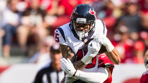 Aug 14, 2016; Santa Clara, CA, USA; Houston Texans wide receiver Will Fuller (15) receives a pass against the San Francisco 49ers during the first quarter at Levi's Stadium. Photo Credit: John Hefti-USA TODAY Sports