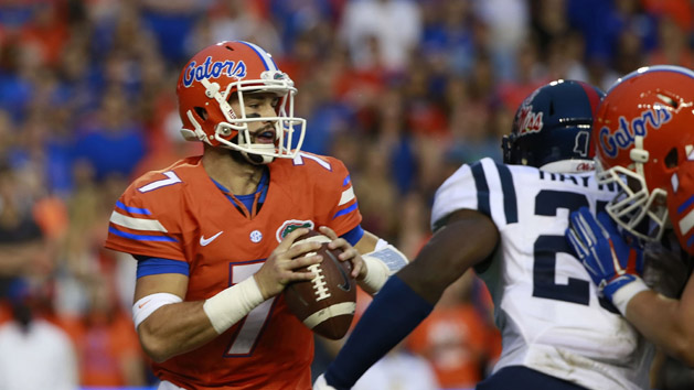 Oct 3, 2015; Gainesville, FL, USA; Florida Gators quarterback Will Grier (7) drops back during the first quarter against the Mississippi Rebels at Ben Hill Griffin Stadium. Mandatory Credit: Kim Klement-USA TODAY Sports