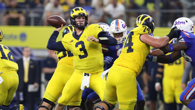 Sep 2, 2017; Arlington, TX, USA; Michigan Wolverines quarterback Wilton Speight (3) throws in the pocket against the Florida Gators at AT&T Stadium. Photo Credit: Matthew Emmons-USA TODAY Sports