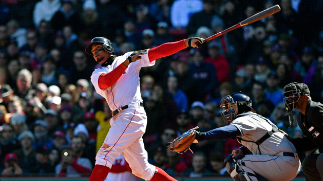 Apr 7, 2018; Boston, MA, USA; Boston Red Sox shortstop Xander Bogaerts (2) watches the ball after hitting a home run against the Tampa Bay Rays in the second inning at Fenway Park. Photo Credit: Brian Fluharty-USA TODAY Sports