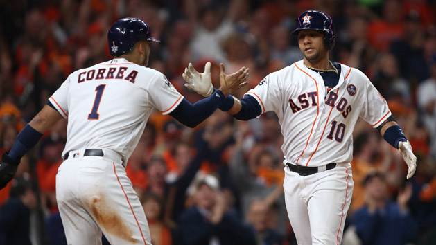 Oct 29, 2017; Houston, TX, USA; Houston Astros first baseman Yuli Gurriel (10) celebrates with shortstop Carlos Correa (1) after hitting a three-run home run against the Los Angeles Dodgers in game five of the 2017 World Series at Minute Maid Park. Photo Credit: Troy Taormina-USA TODAY Sports