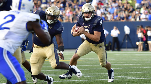 Oct 7, 2017; Annapolis, MD, USA; Navy Midshipmen quarterback Zach Abey (9) runs during the second quarter against the Air Force Falcons at Navy-Marine Corps Memorial Stadium. Photo Credit: Tommy Gilligan-USA TODAY Sports