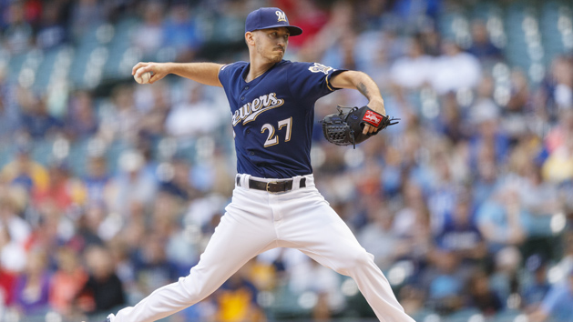 Jul 23, 2019; Milwaukee, WI, USA; Milwaukee Brewers pitcher Zach Davies (27) throws a pitch during the first inning against the Cincinnati Reds at Miller Park. Photo Credit: Jeff Hanisch-USA TODAY Sports