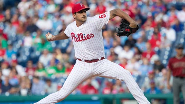 Jun 12, 2019; Philadelphia, PA, USA; Philadelphia Phillies starting pitcher Zach Eflin (56) pitches during the first inning against the Arizona Diamondbacks at Citizens Bank Park. Photo Credit: Bill Streicher-USA TODAY Sports