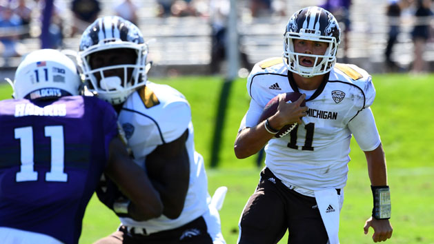 Sep 3, 2016; Evanston, IL, USA; Western Michigan Broncos quarterback Zach Terrell (11) rushes the ball against the Northwestern Wildcats during the fourth quarter at Ryan Field. Western Michigan defeats Northwestern 22-21. Photo Credit: Mike DiNovo-USA TODAY Sports