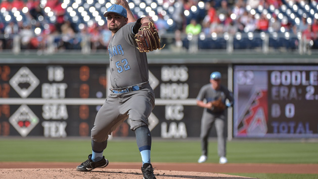 Jun 17, 2017; Philadelphia, PA, USA; Arizona Diamondbacks starting pitcher Zack Godley (52) pitches during the first inning against the Philadelphia Phillies at Citizens Bank Park. Photo Credit: John Geliebter-USA TODAY Sports