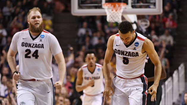 Mar 25, 2017; San Jose, CA, USA; Gonzaga Bulldogs guard Nigel Williams-Goss (5) reacts after a three-point basket against the Xavier Musketeers during the first half in the finals of the West Regional of the 2017 NCAA Tournament at SAP Center. Photo Credit: Kyle Terada-USA TODAY Sports
